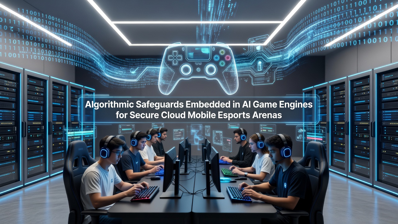 Secure cloud infrastructure diagram showing encrypted data flows between mobile devices and AI-powered esports game engines