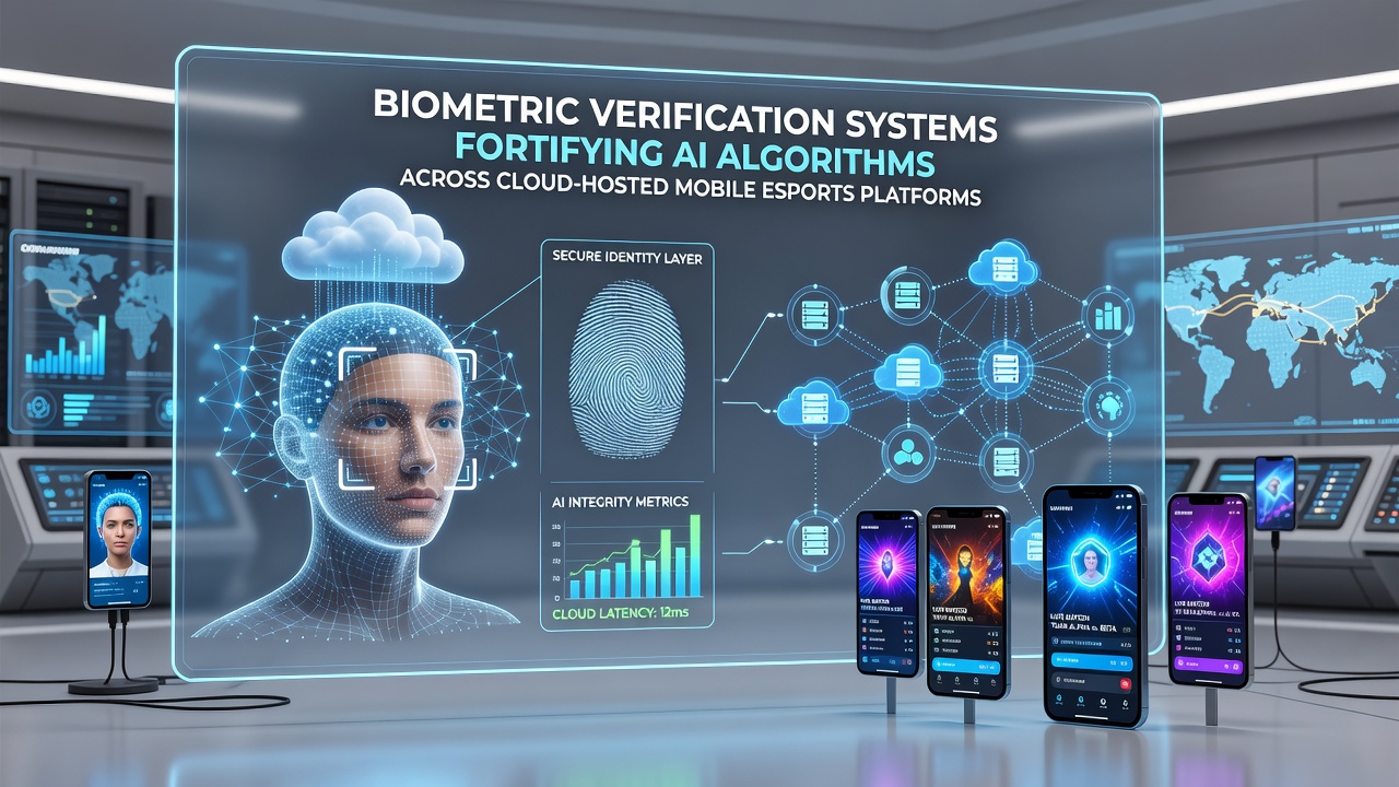 Cloud server visualization showing biometric data flow into AI security layers for mobile esports