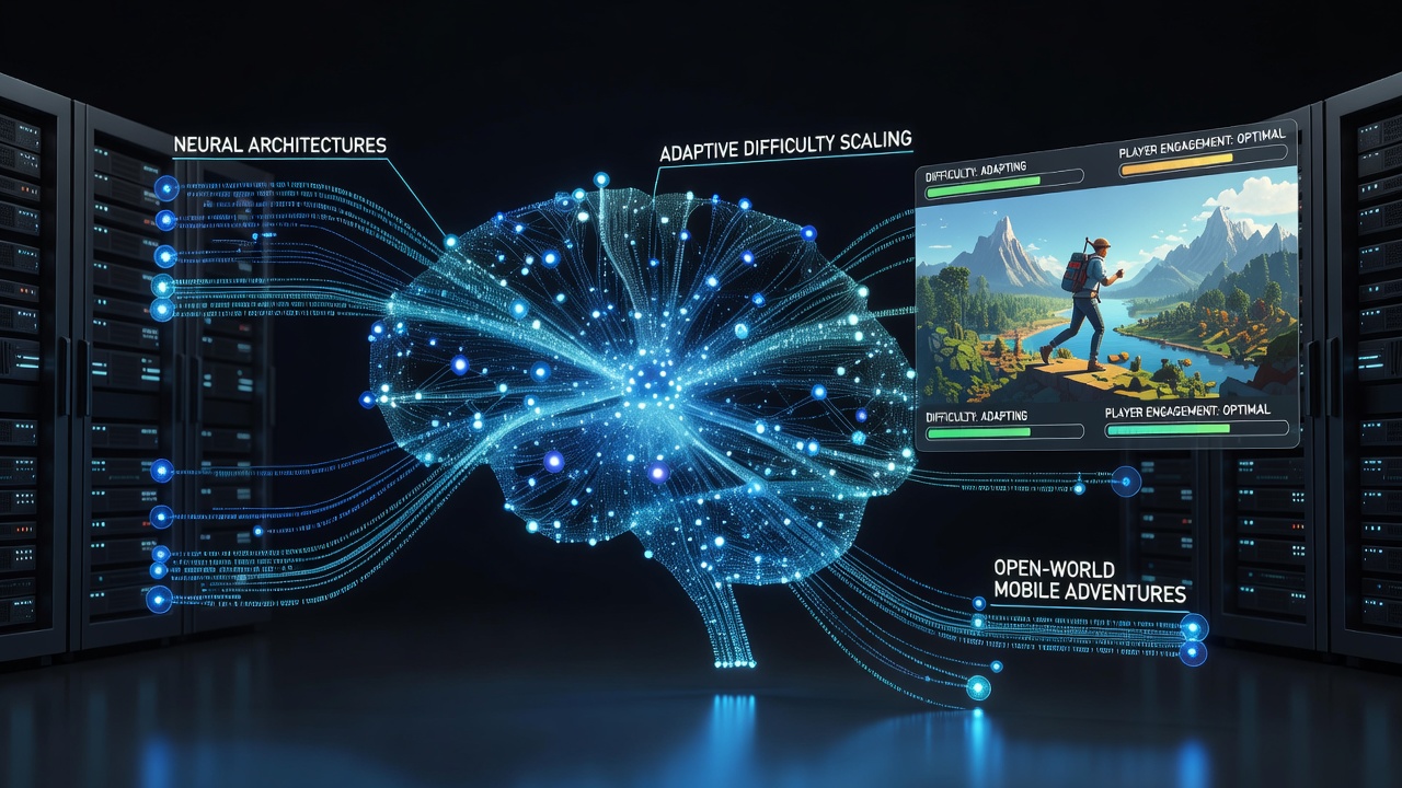 Mobile device screen displaying adaptive enemy encounters in an open-world adventure game