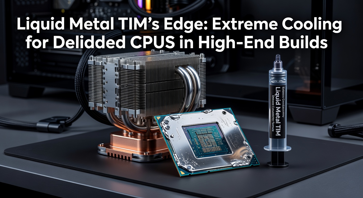 Close-up view of a delidded CPU die coated with shimmering liquid metal TIM, highlighting direct contact with a high-end cooler block under bright LED lighting