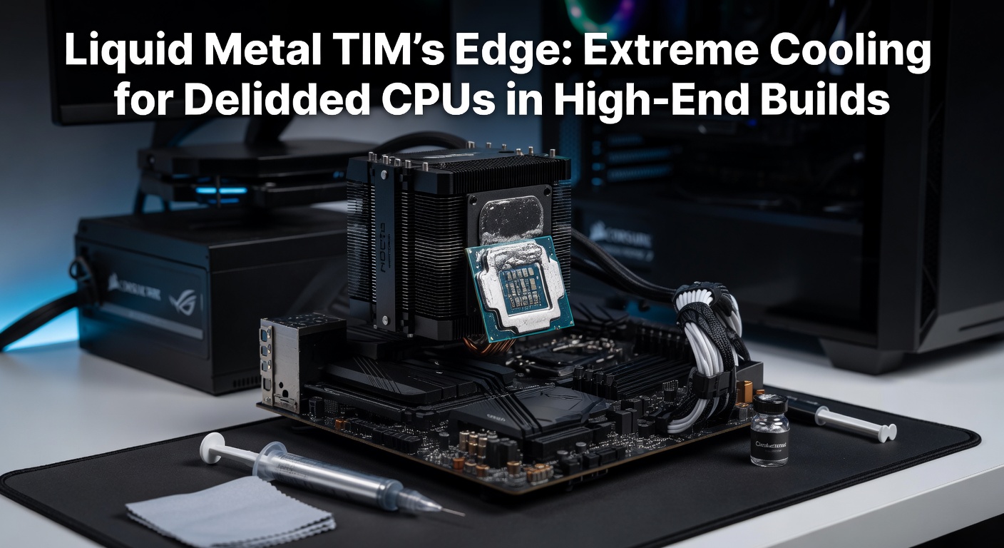 Benchmark graph comparing CPU temperatures with stock paste versus liquid metal on a delidded Intel Core i9, showing dramatic drops under multi-threaded loads