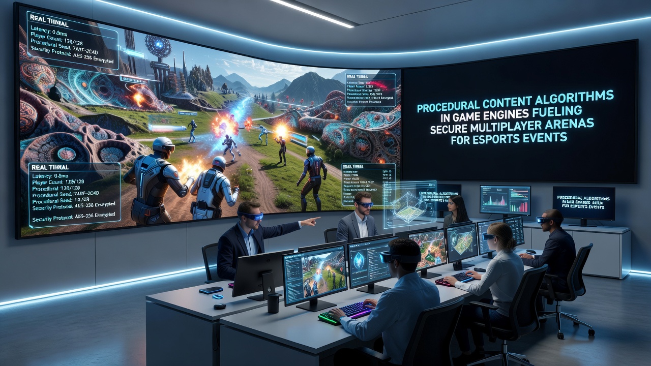 Secure multiplayer esports setup showing server-side procedural validation and live arena generation