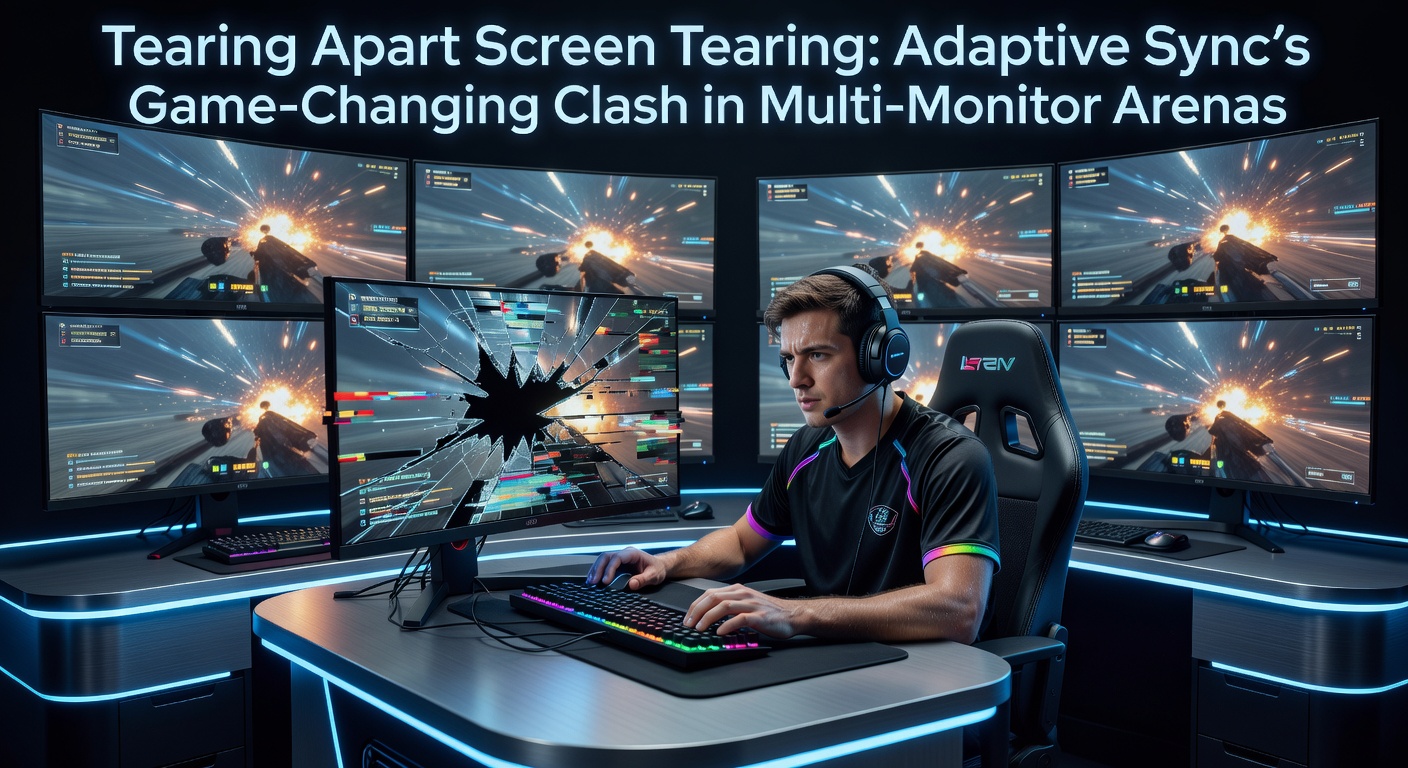 Multi-monitor gaming setup displaying Adaptive Sync in action across curved ultrawides with synchronized frame delivery