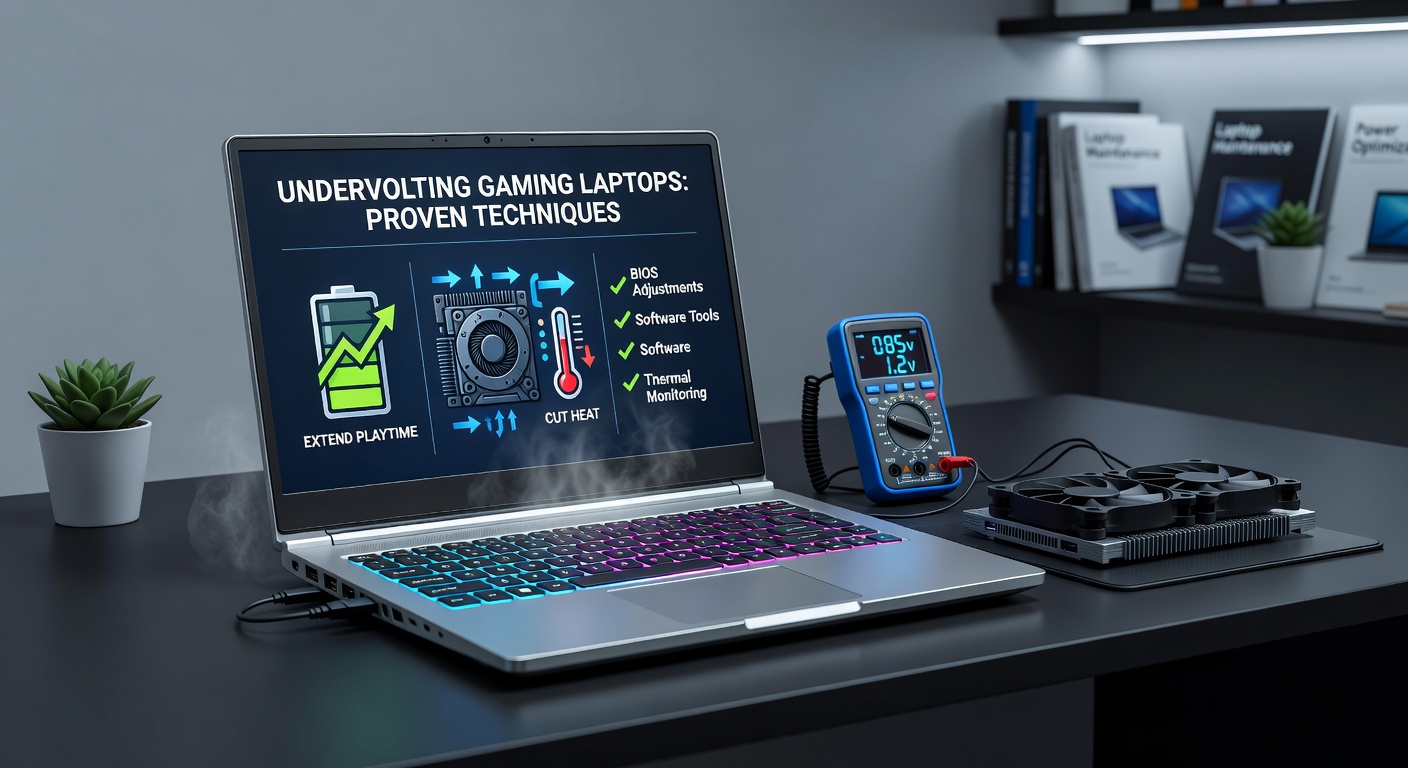 A sleek gaming laptop displaying low temperature readings and extended battery life metrics after undervolting adjustments, highlighting cooler operation during intensive gameplay