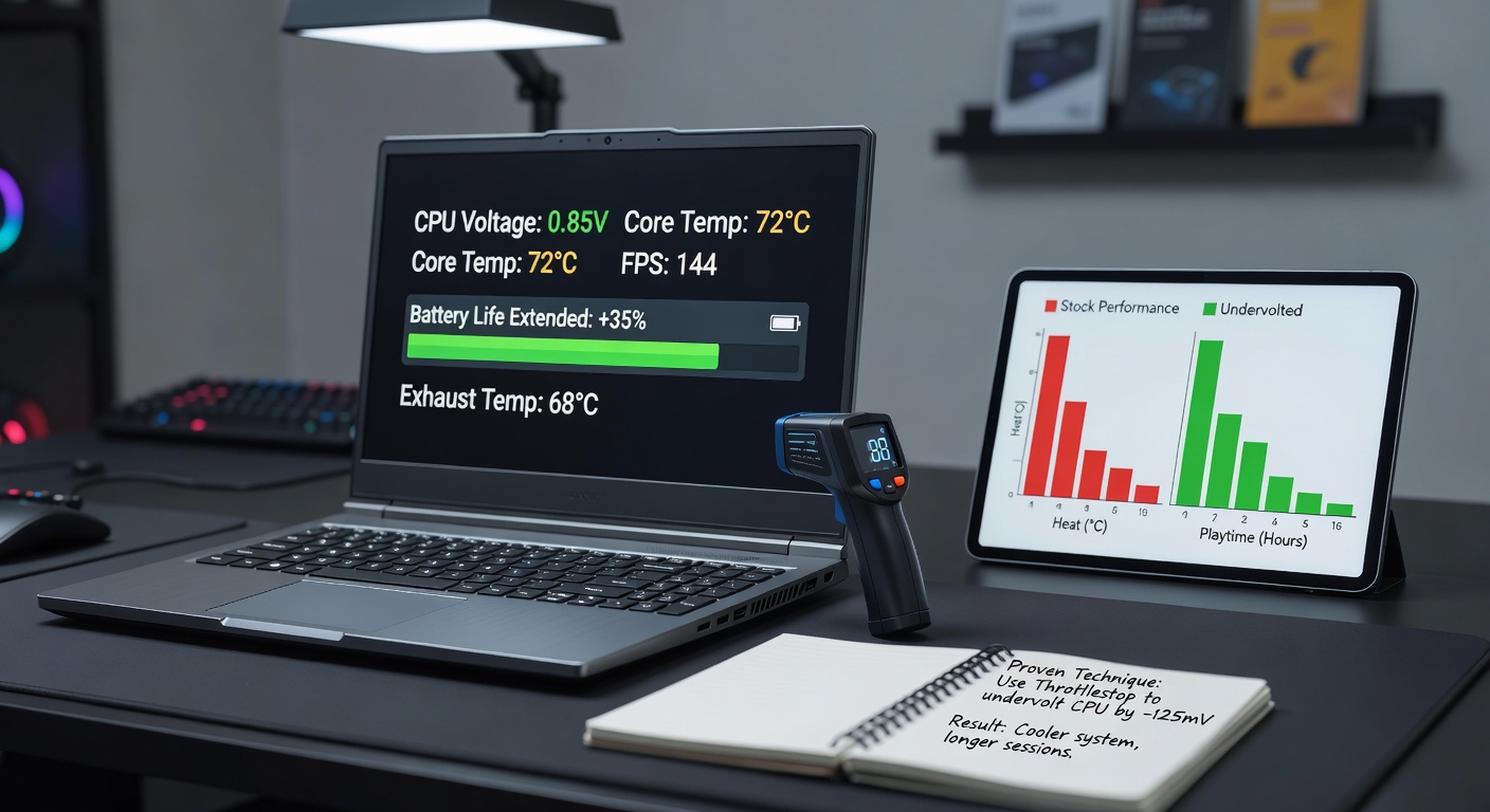 Close-up of ThrottleStop software interface on a gaming laptop, displaying voltage offset sliders, temperature graphs, and real-time power consumption data during a stability test